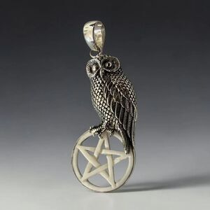 Owl Pentagram Pendant 925 Sterling Silver Carved Bone Gothic Wicca